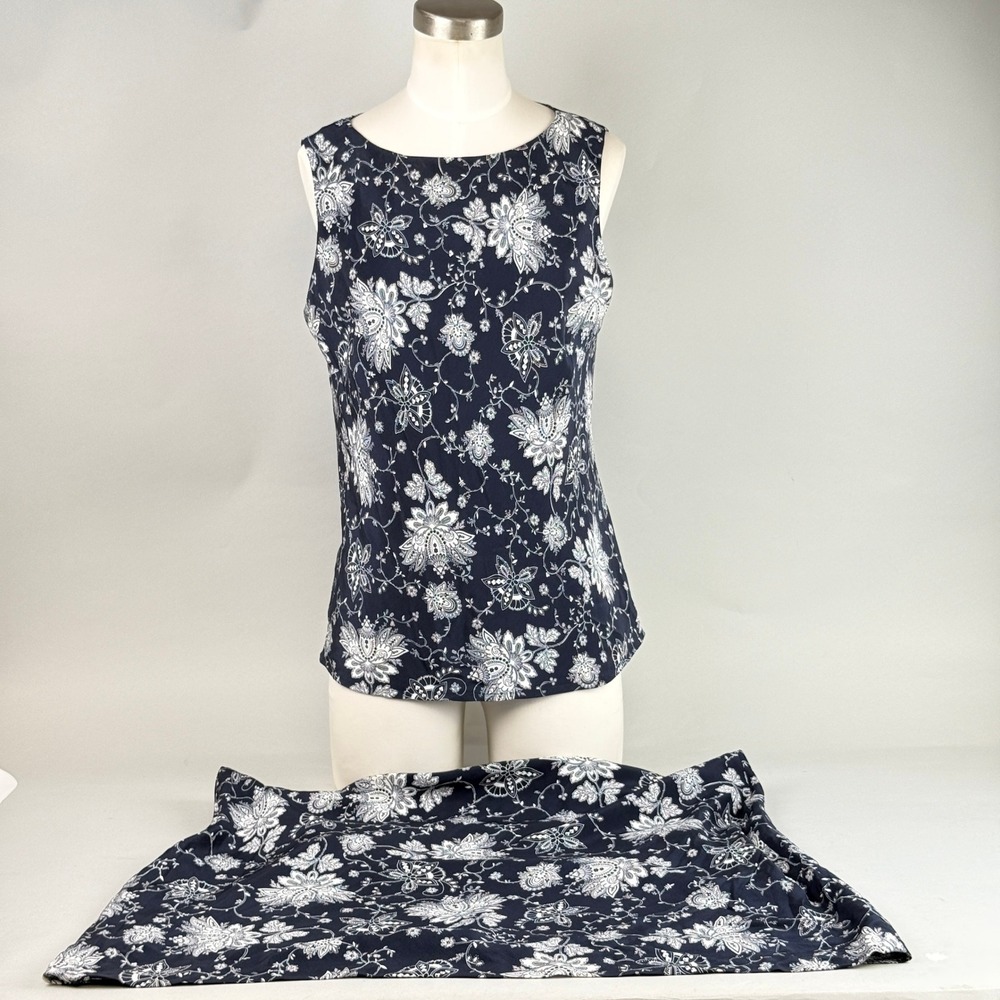 Evan-Picone Skirt Set, Navy Floral Silk Sleeveless Top and A-Line Skirt Size 8